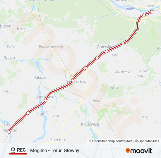 Mapa linii kolej REG