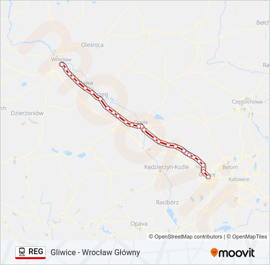 Mapa linii kolej REG