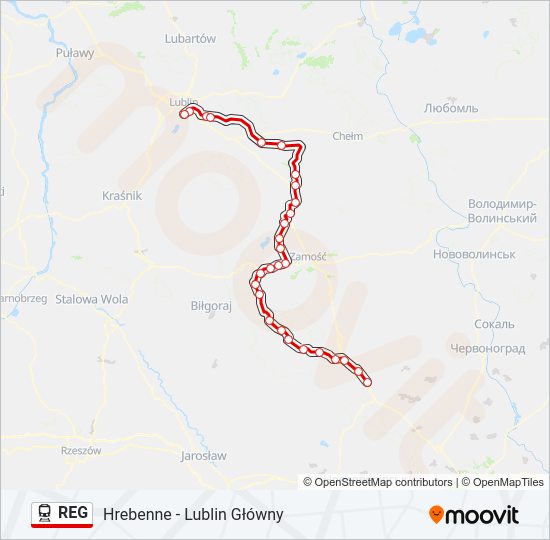 Mapa linii kolej REG