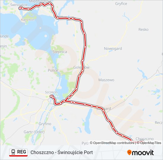 Mapa linii kolej REG