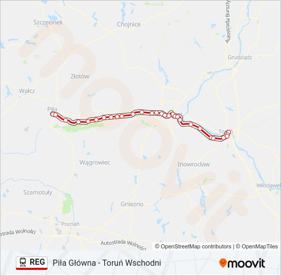 Mapa linii kolej REG