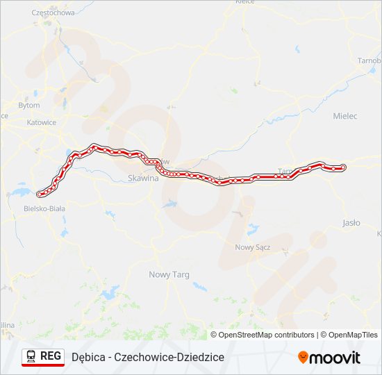 Mapa linii kolej REG