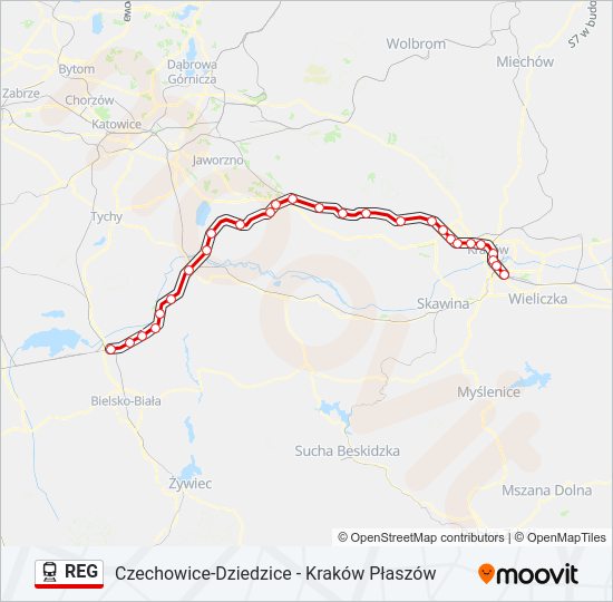 Mapa linii kolej REG