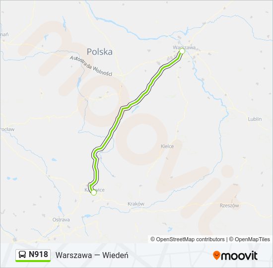 Mapa linii autobus N918