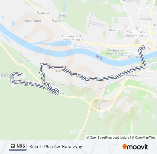 Mapa linii autobus N96