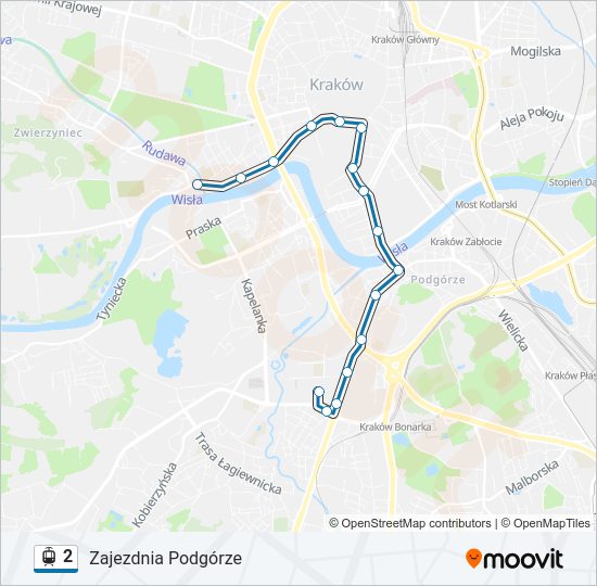 Mapa linii tramwaj 2