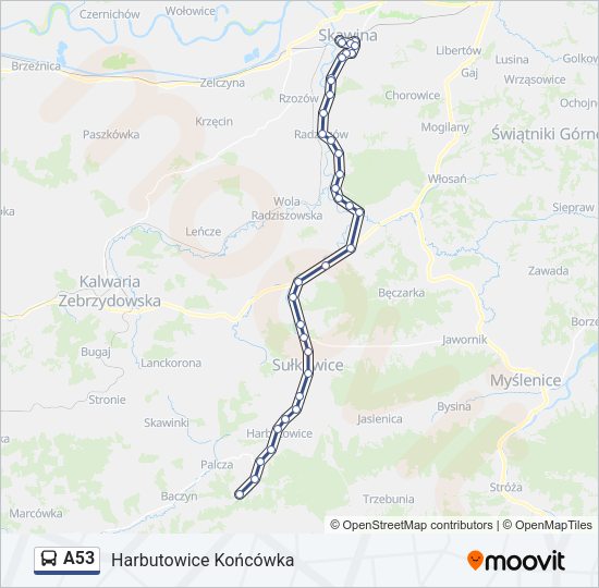 Mapa linii autobus A53