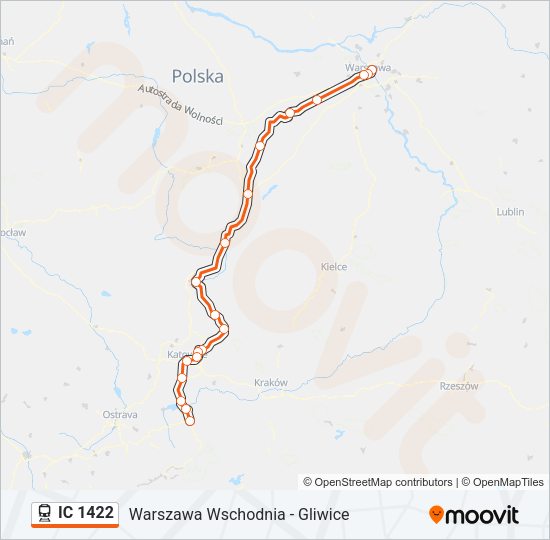 Mapa linii kolej IC 1422