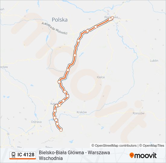 Mapa linii kolej IC 4128