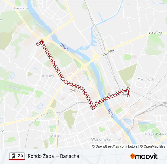 Mapa linii tramwaj 25