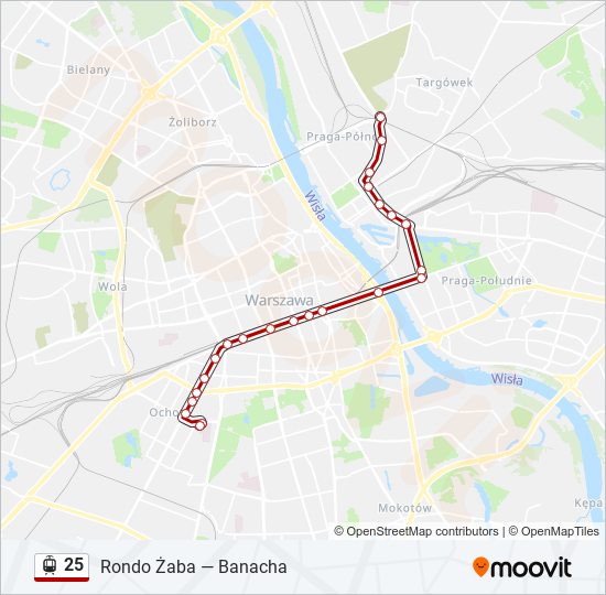 Mapa linii tramwaj 25