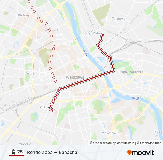 Mapa linii tramwaj 25