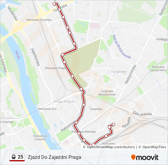 Mapa linii tramwaj 25