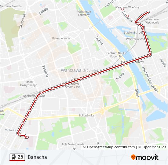 Mapa linii tramwaj 25