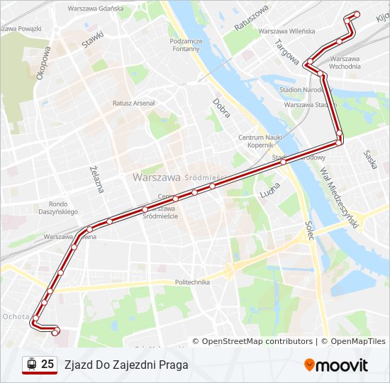 Mapa linii tramwaj 25