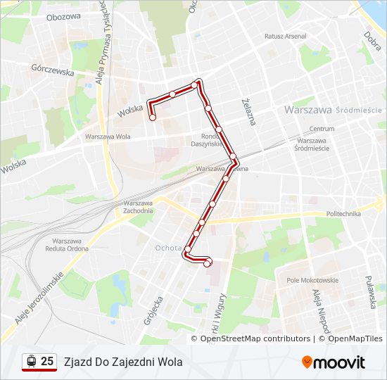 Mapa linii tramwaj 25