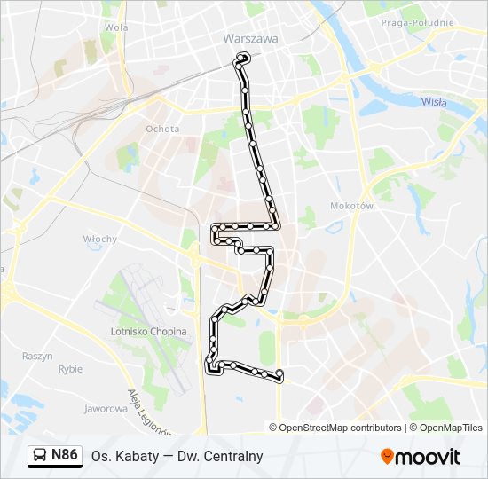 Mapa linii autobus N86