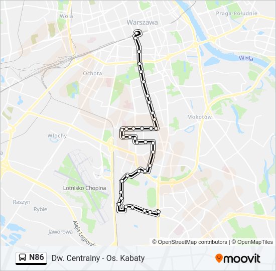 Mapa linii autobus N86