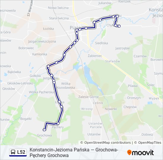 Mapa linii autobus L52