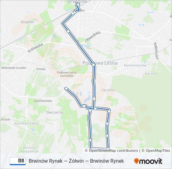 Mapa linii autobus B8