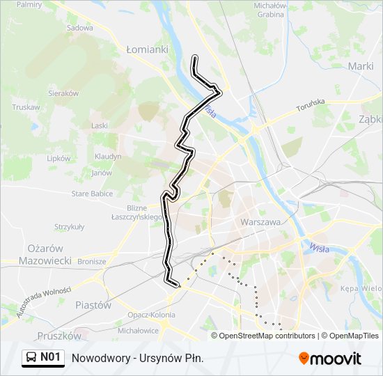 Mapa linii autobus N01