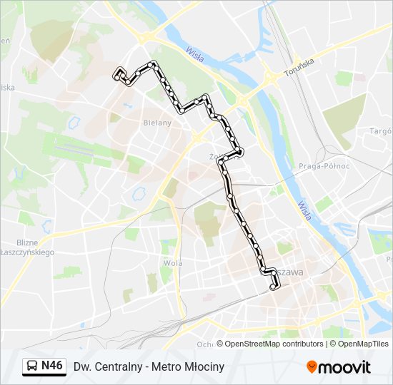 Mapa linii autobus N46