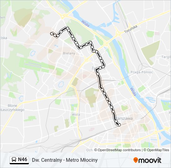 Mapa linii autobus N46