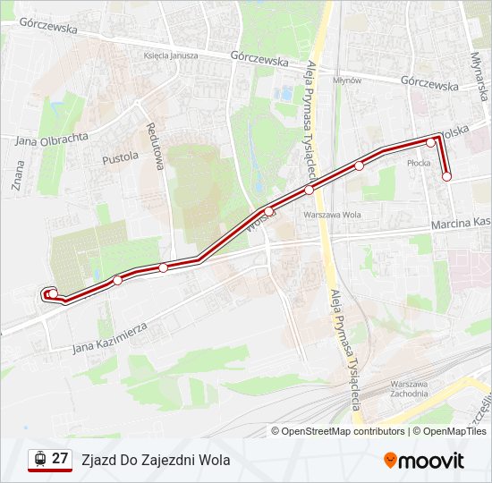 Mapa linii tramwaj 27