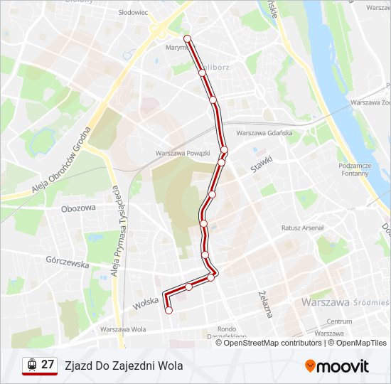 Mapa linii tramwaj 27