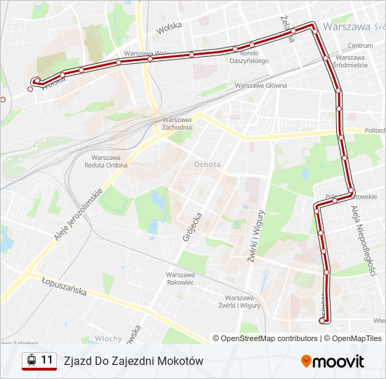 Mapa linii tramwaj 11