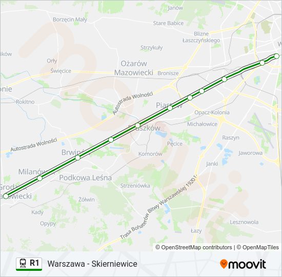 Mapa linii kolej R1