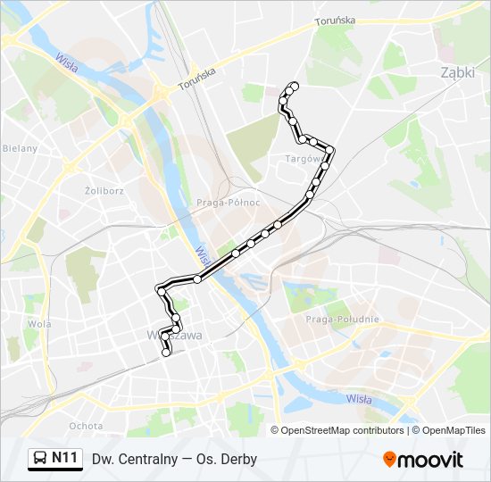 Mapa linii autobus N11