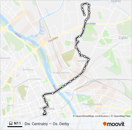 Mapa linii autobus N11