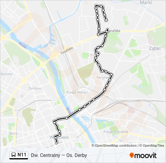 Mapa linii autobus N11