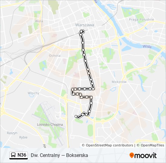 Mapa linii autobus N36