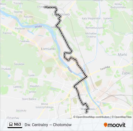 Mapa linii autobus N63