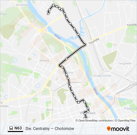 Mapa linii autobus N63