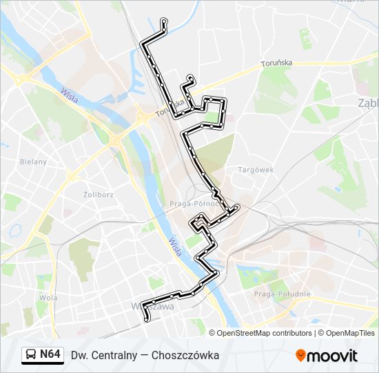 Mapa linii autobus N64