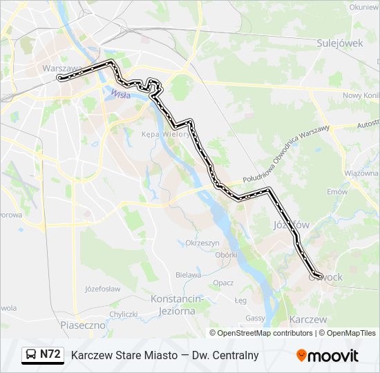 Mapa linii autobus N72