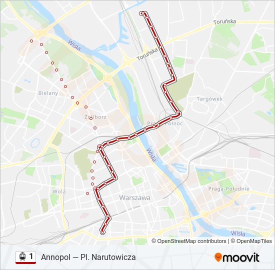 Mapa linii tramwaj 1