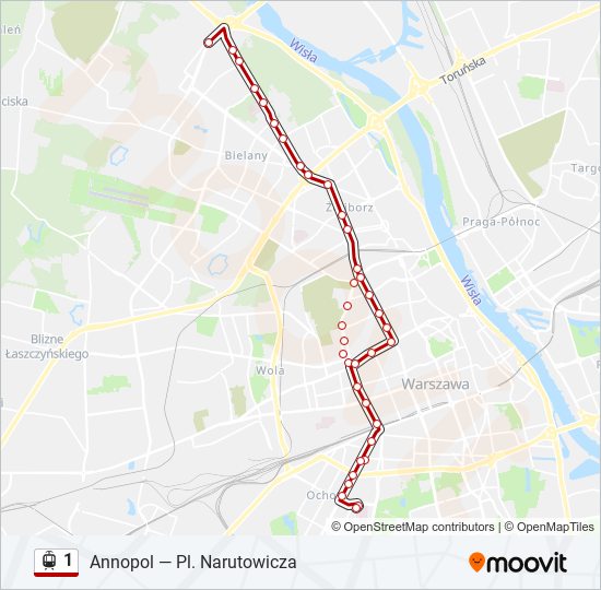 Mapa linii tramwaj 1