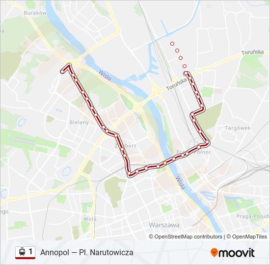 Mapa linii tramwaj 1