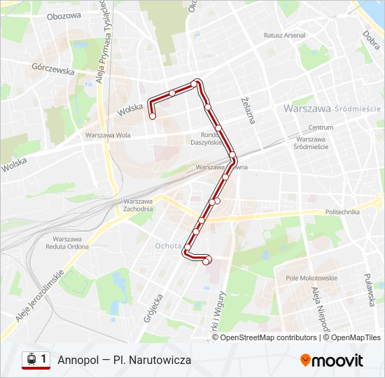 Mapa linii tramwaj 1