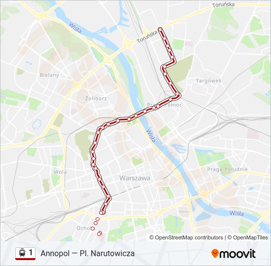 Mapa linii tramwaj 1