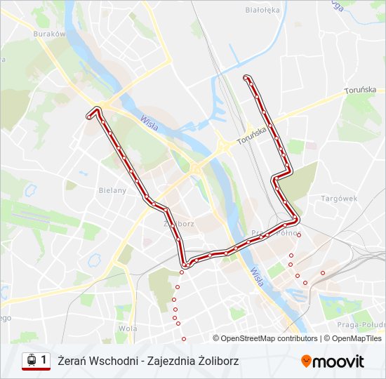 Mapa linii tramwaj 1