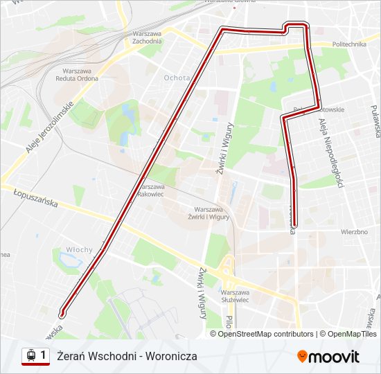 Mapa linii tramwaj 1