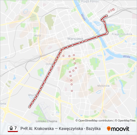 Mapa linii tramwaj 7