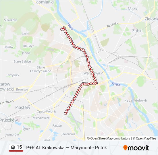 Mapa linii tramwaj 15