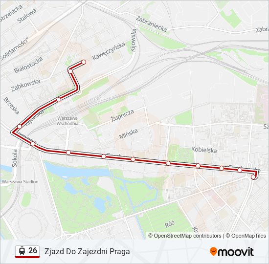 Mapa linii tramwaj 26