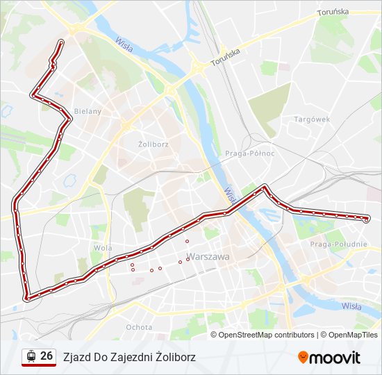 Mapa linii tramwaj 26